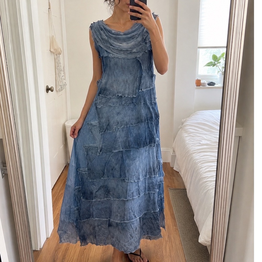 Gigi Moda Italy Blue Tiered Raw Edge Sleeveless Maxi Dress OS silk linen